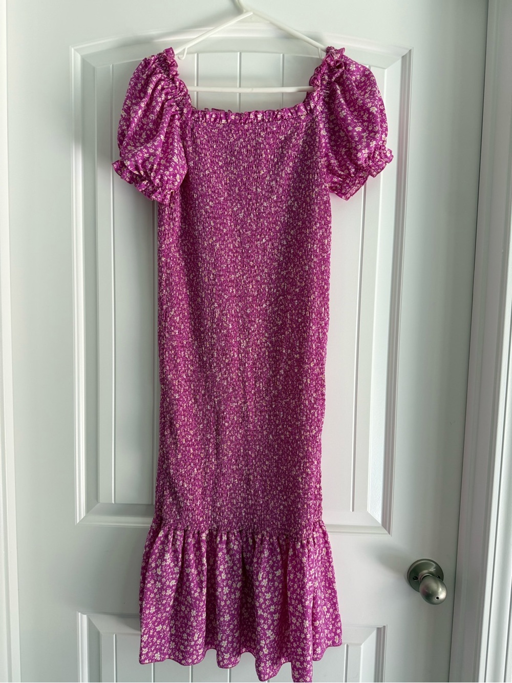Pink Floral Smocked Puff-Sleeve Dress